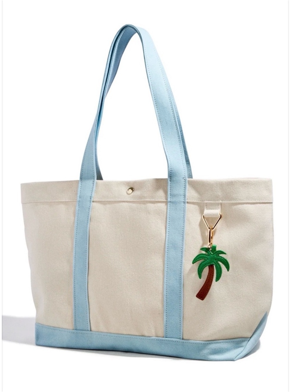❗️BaubleBar Cotton Canvas Tote Bag with Blue Trim & Palm Tree Charm NWT $88!